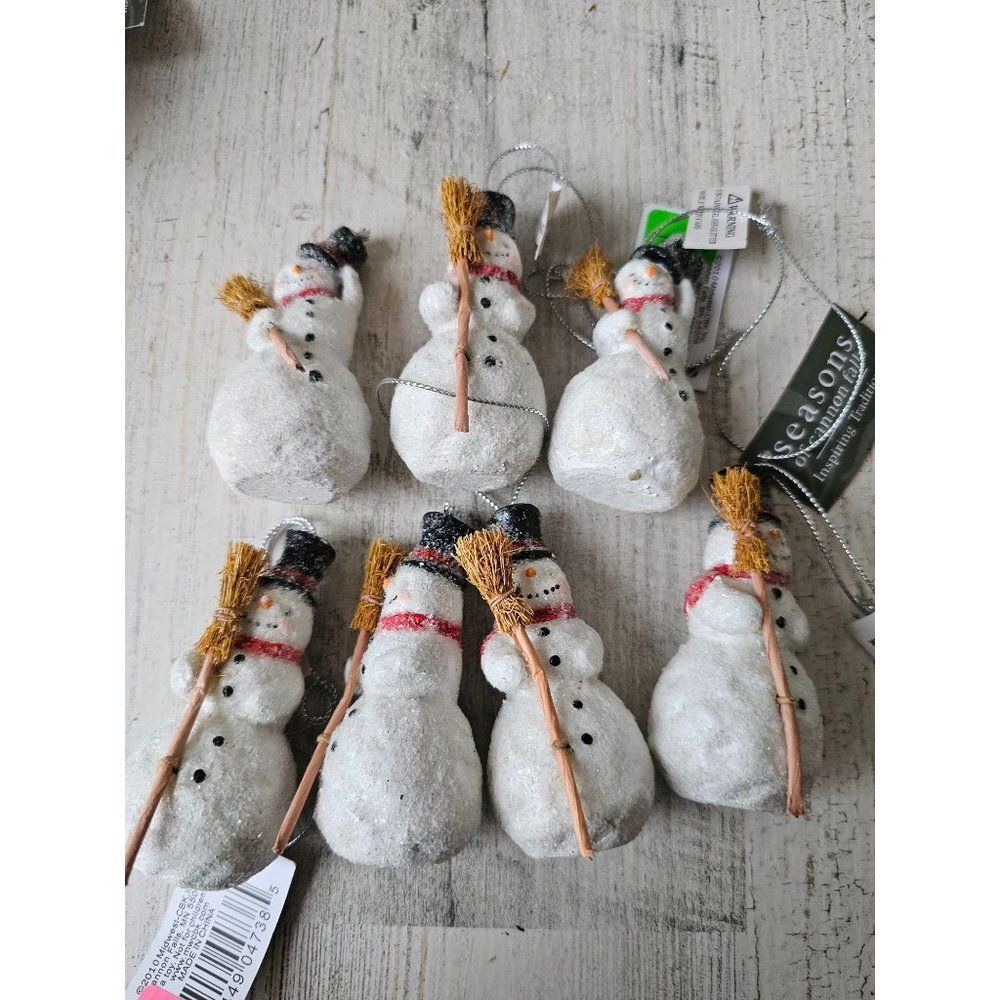 Cannon falls mini snowman ornament set broom glitter shabby chic Xmas tree